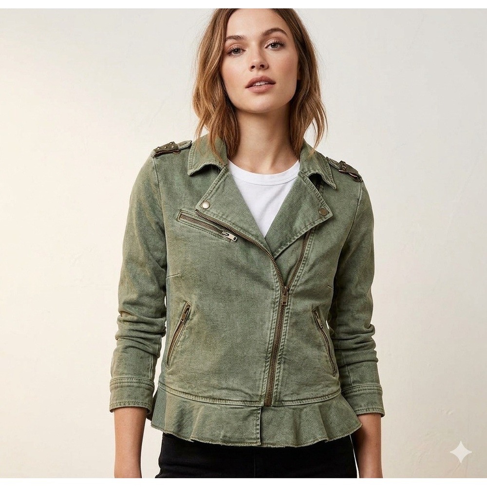ZARA Trafaluc Women Green Biker Jacket Zip Studded Shoulders Pockets Size M